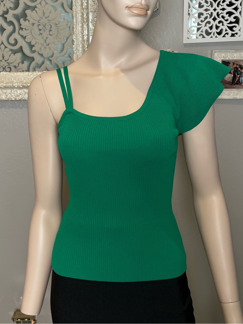 Green One-Shoulder Ruffle Knit Top